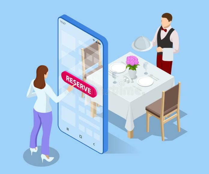 online-reservierter-tisch-restaurant-konzept-cafe-isometrische-reservierung-mobile-buchung